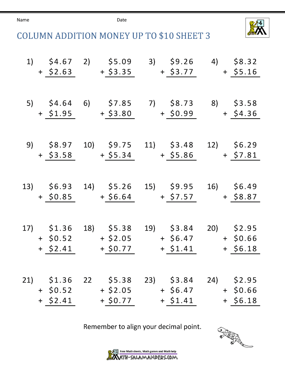 Money Addition Worksheet Collection 4th Grade
