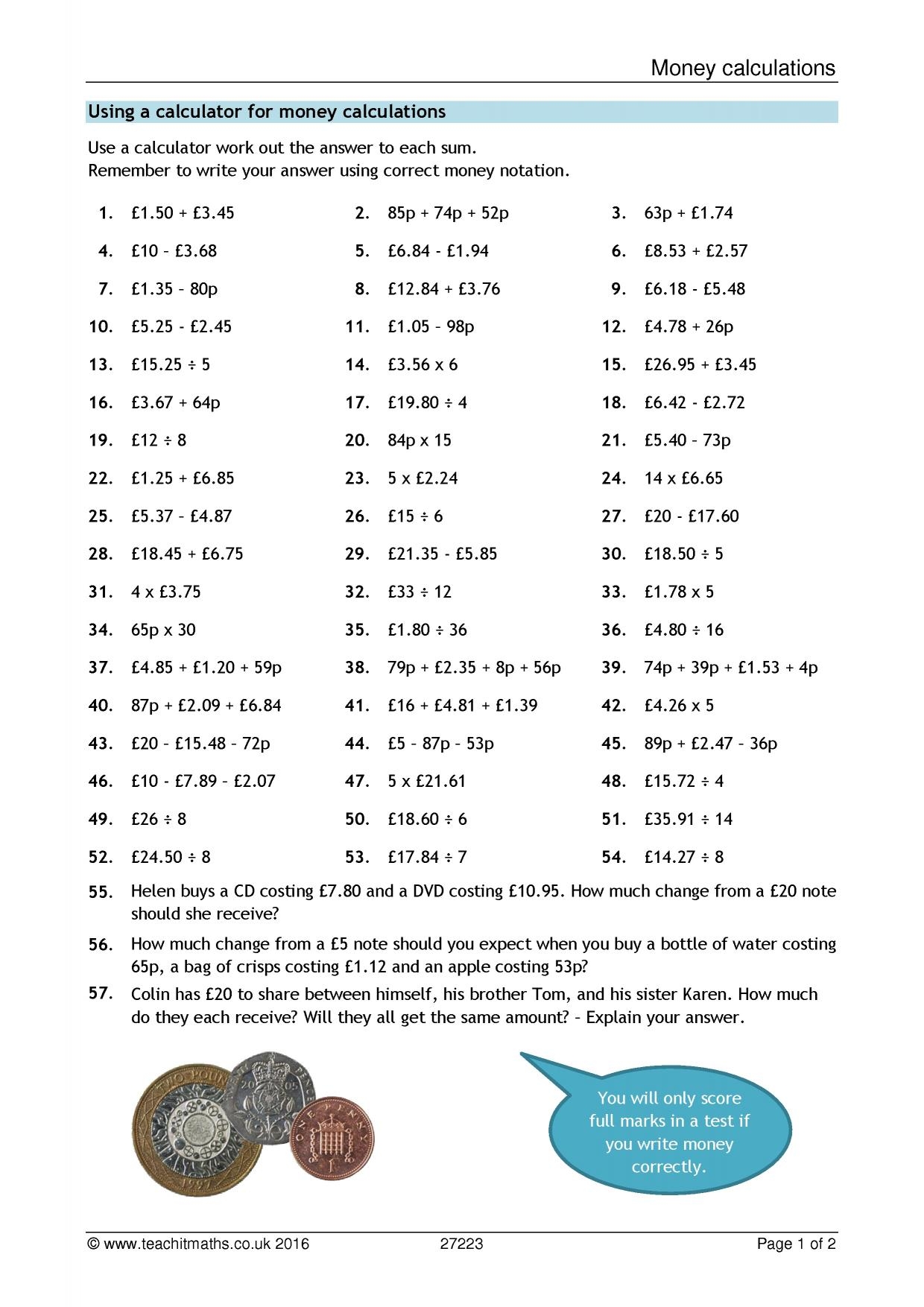 Money Calculations KS3 Maths Teachit