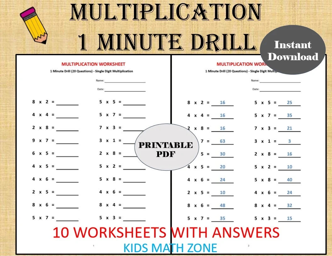 Multiplication 1 Minute Drill H 10 Math Worksheets With Answers pdf Year 2 3 4 Grade 2 3 4 printable Worksheets Basic Multiplication Etsy