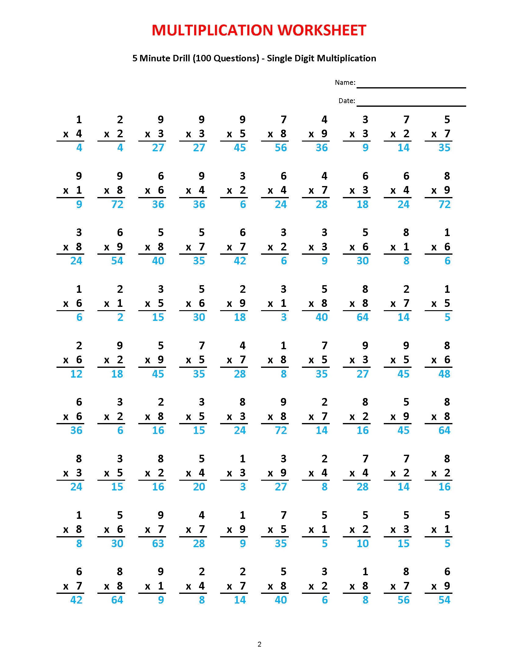 Multiplication 5 Minute Drill V 10 Math Worksheets With Answers pdf Year 2 3 4 Grade 2 3 4 printable Worksheets Basic Multiplication Etsy