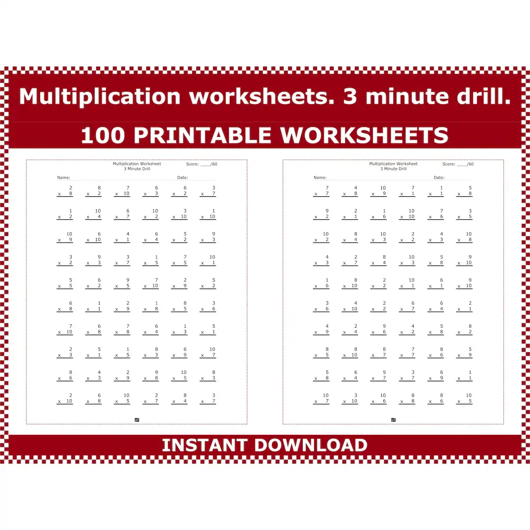 Multiplication Worksheets 3 Minute Multiplication Drills Multiplication Math Drills 3rd 4th Grade Multiplication Facts By Acminimalist Etsy