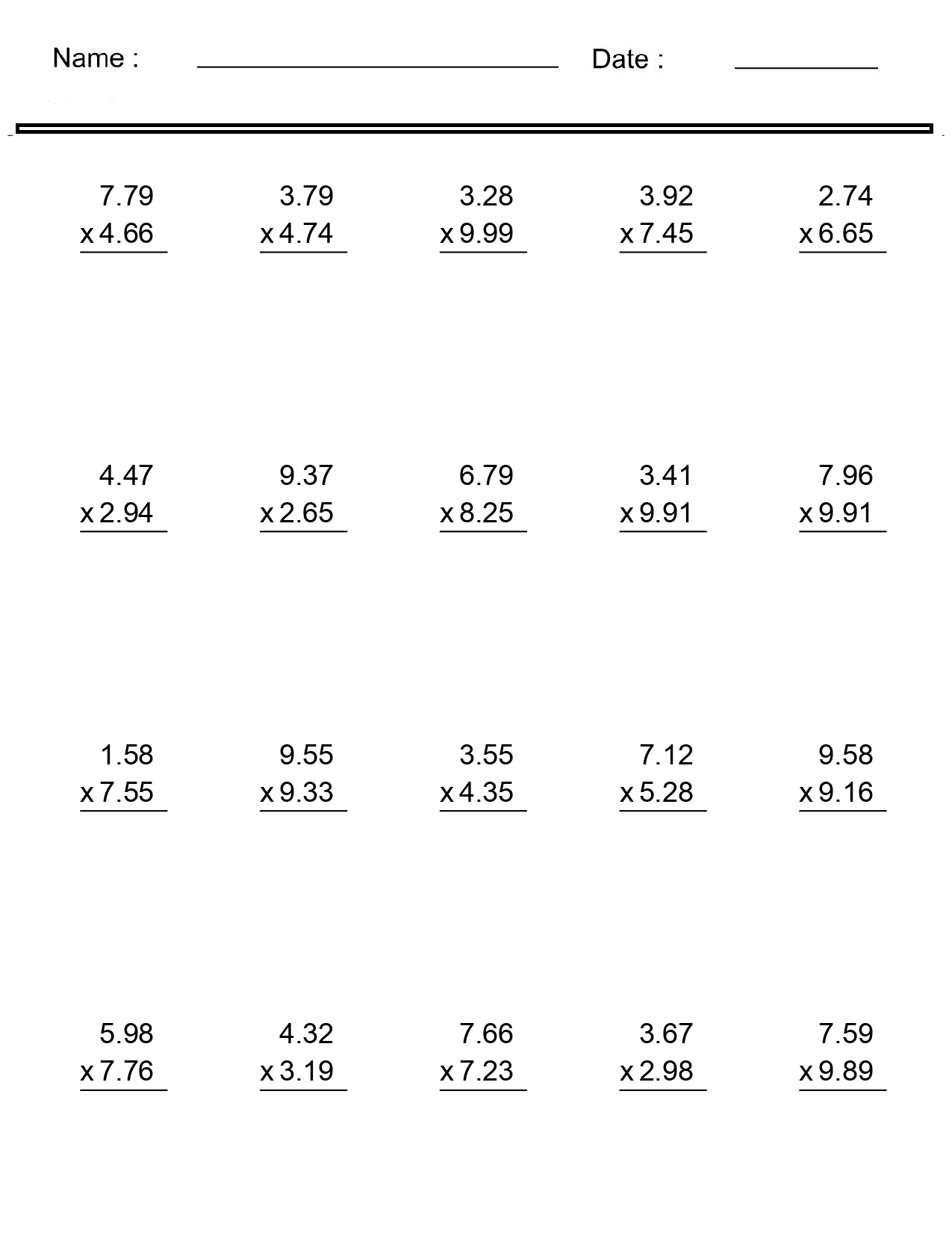 5th Grade Math Worksheets Printable Decimals