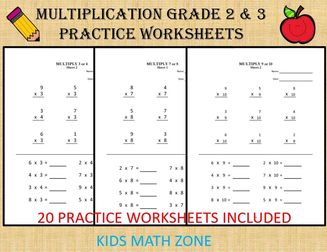 Multiplication Worksheets For Grade 2 3 20 Sheets Pdf Year 2 3 4 Grade 2 3 4 Numeracy Games Kids Printable Multiplication Etsy