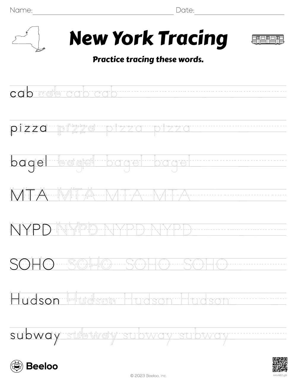 New York City themed Word Tracing Worksheets Beeloo Printable Crafts And Activities For Kids