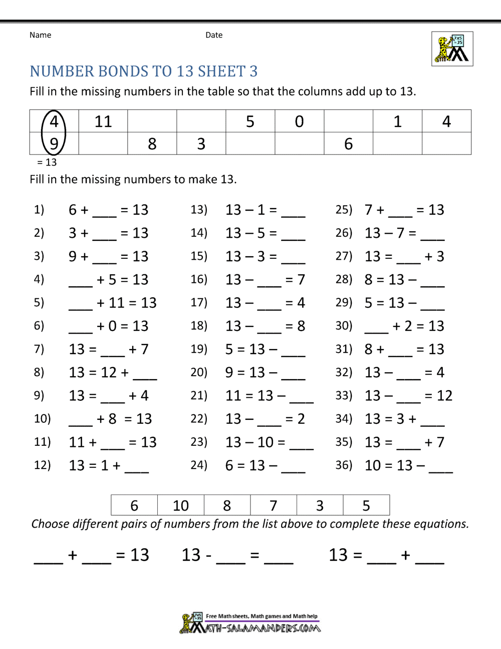Number Bonds To 20 Worksheets