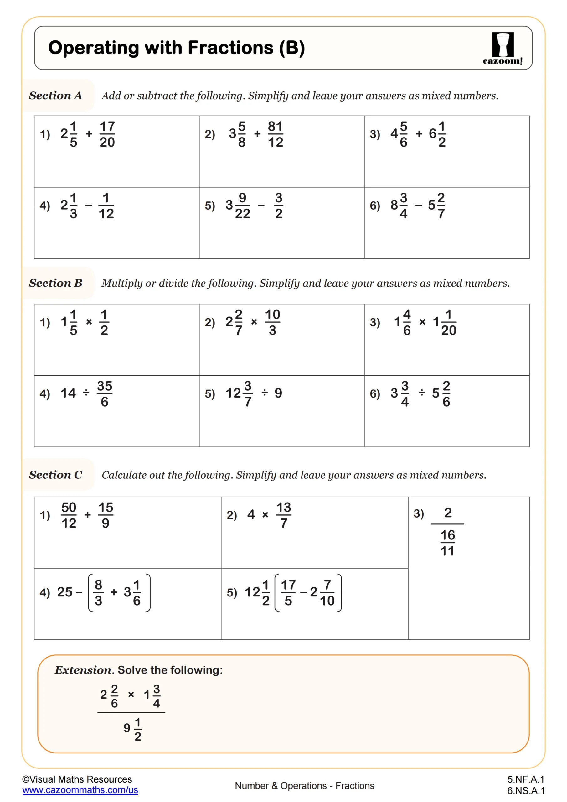 6th Grade Math Worksheets Printable Fractions