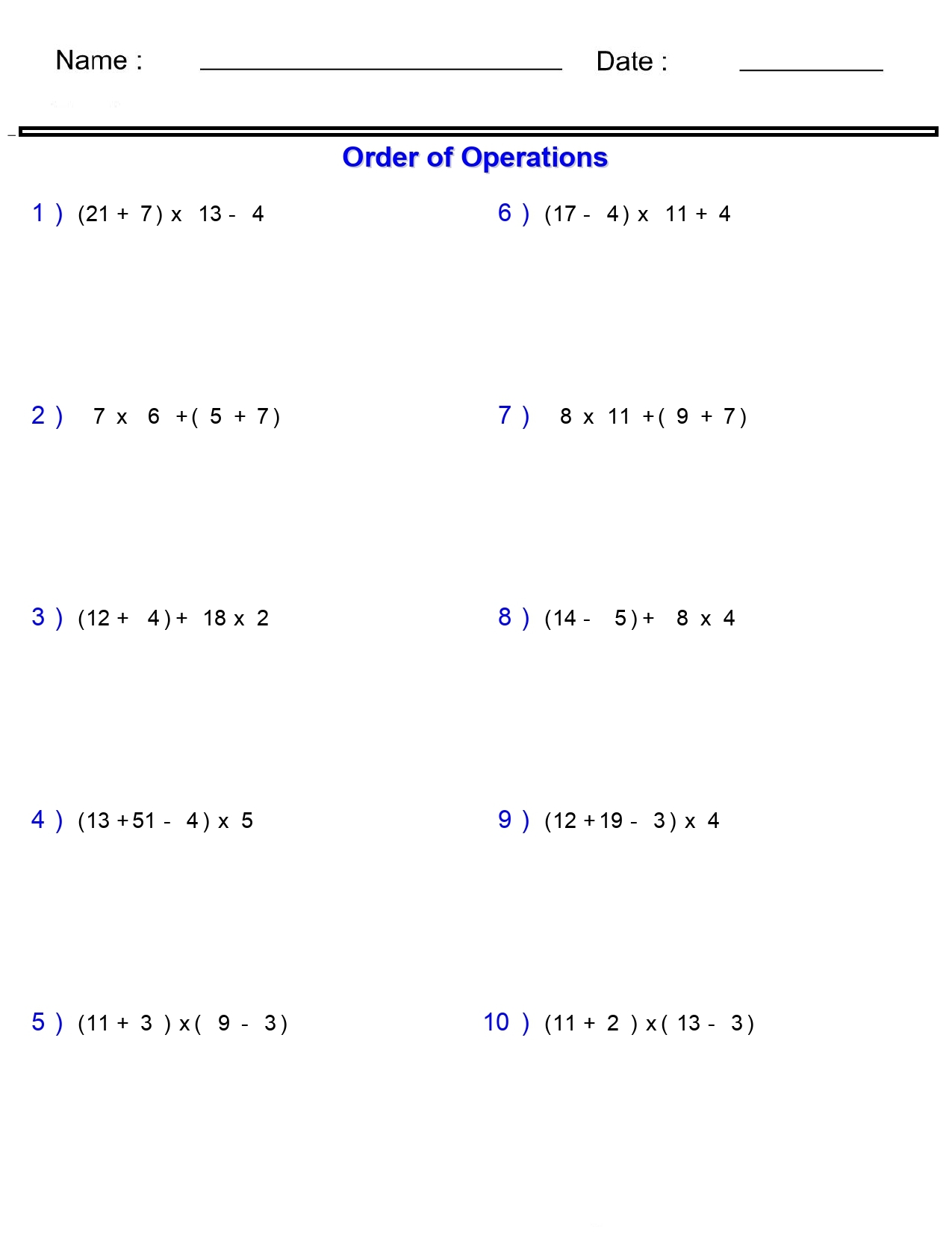 Order Of Operations Without Division Worksheets Basic With Parentheses Made By Teachers