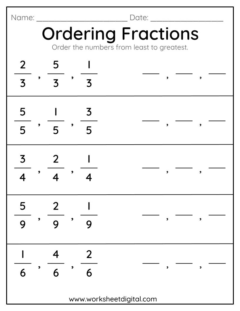 Ordering Fractions Math Printable Worksheets For Grade 3 Homework Revision Worksheets Etsy