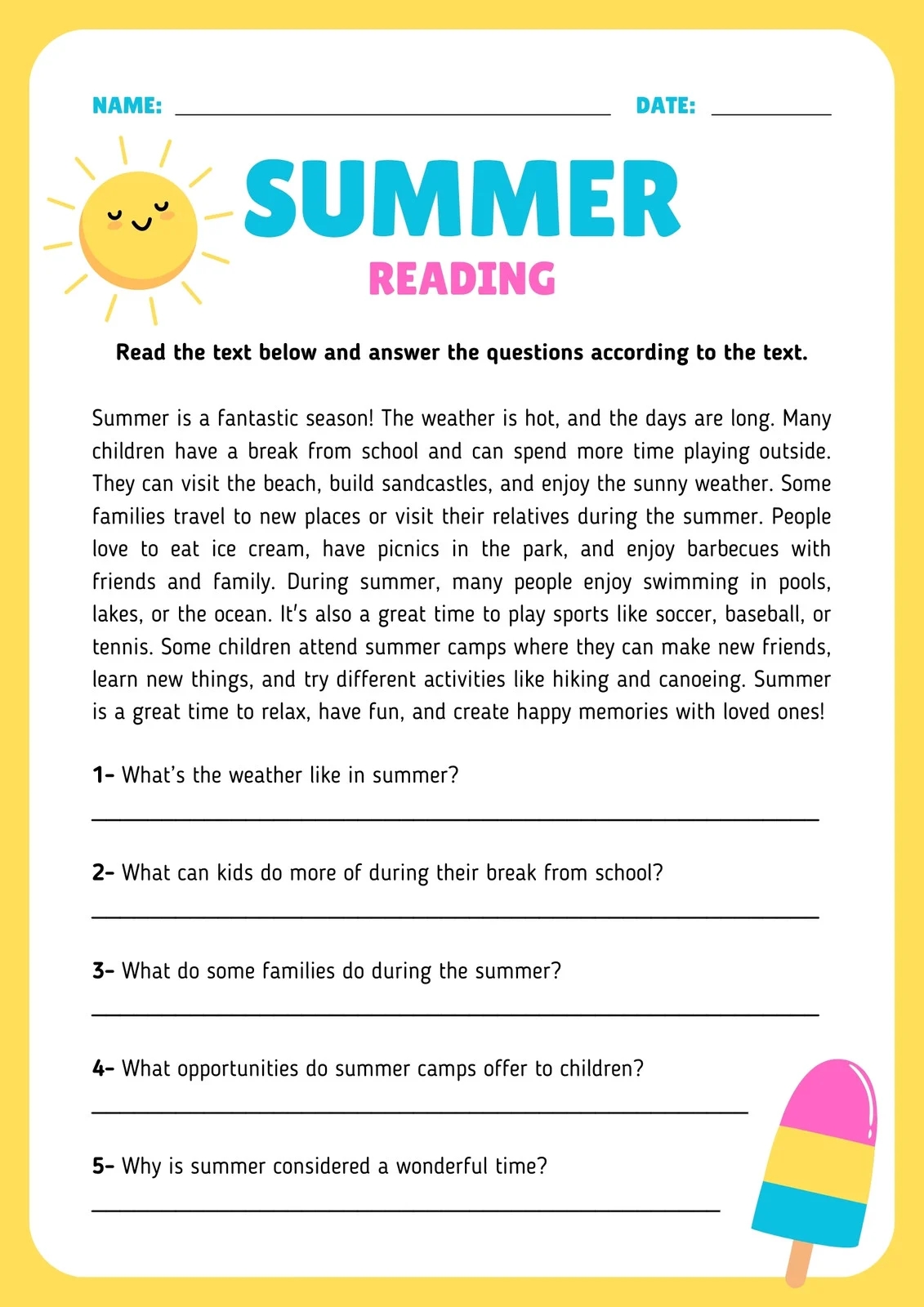 Free Printable Reading Worksheets For Grade 5