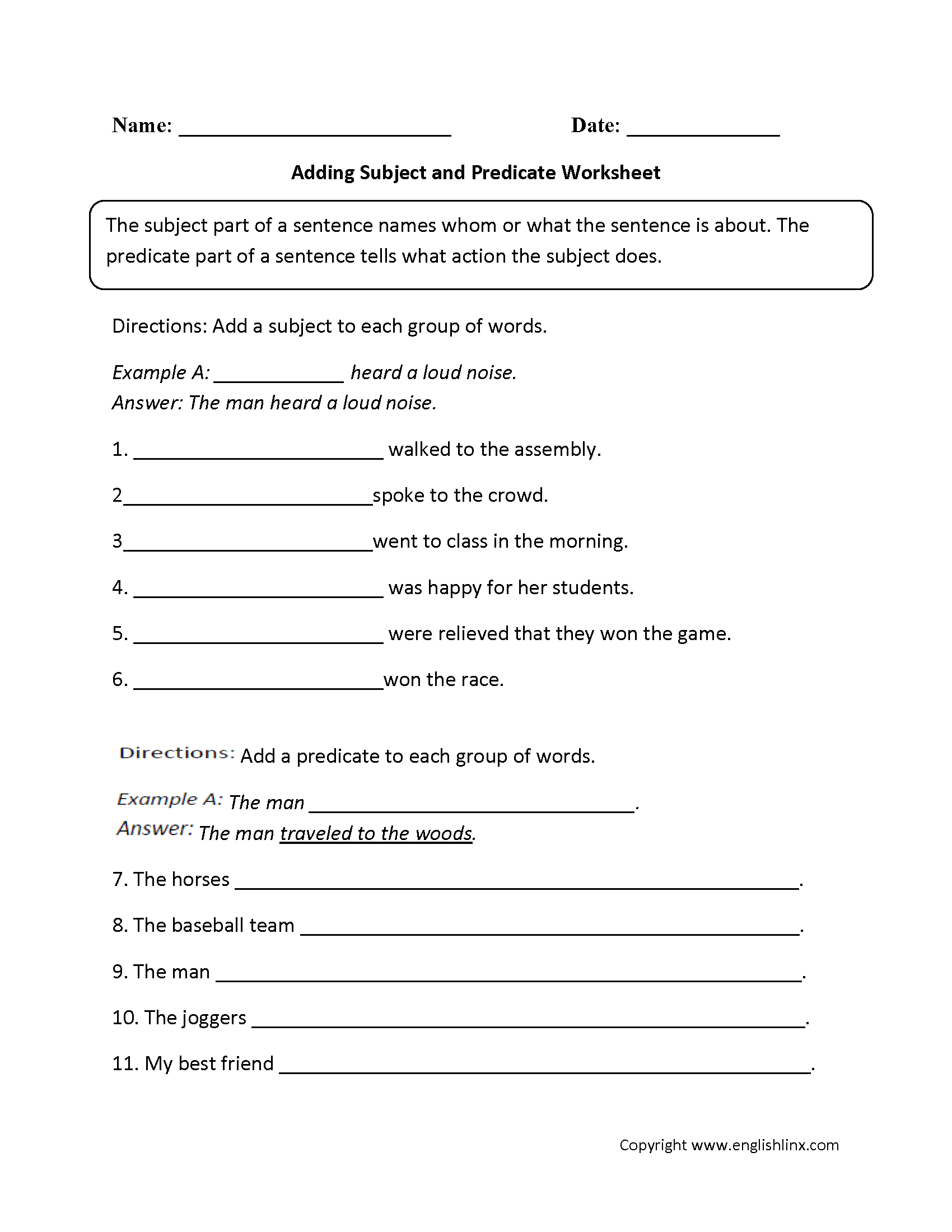 Parts Of A Sentence Worksheets Subject And Predicate Worksheets Worksheets Library