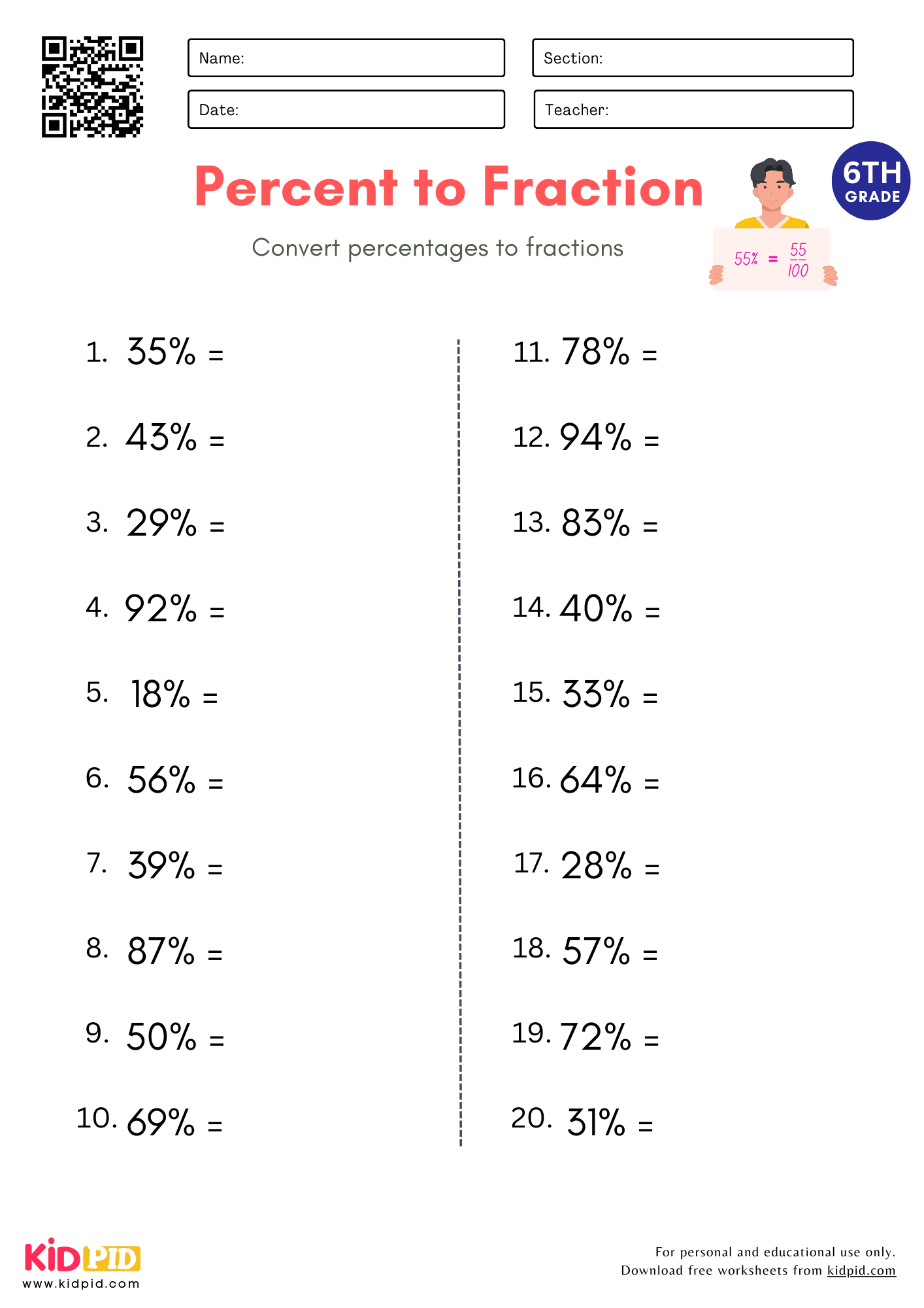 Percent To Fraction Math Worksheet For Grade 6 Kidpid
