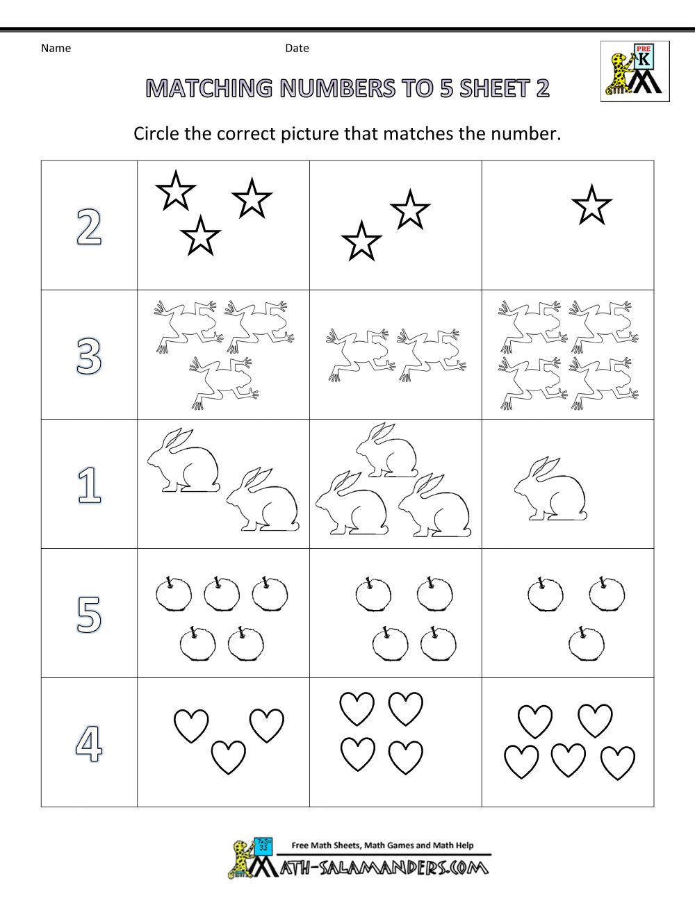 Preschool Math Worksheets Matching To 5 Worksheets Library