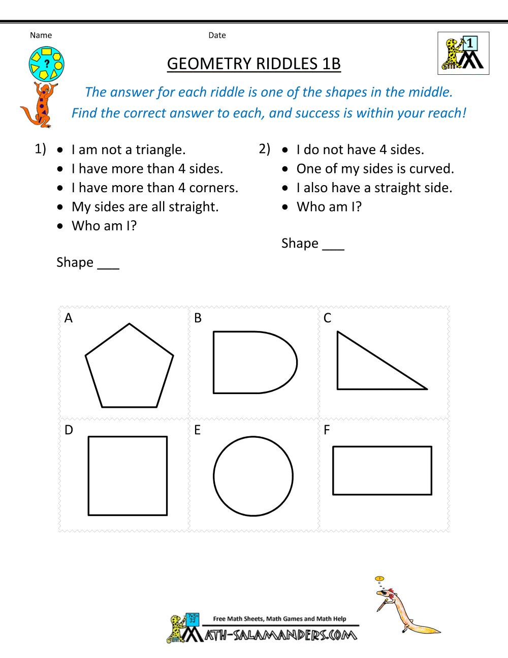 Printable Geometry Worksheets Riddles
