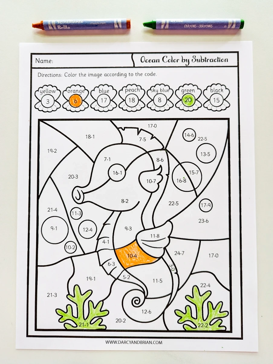 Printable Ocean Animals Color By Subtraction Worksheets For Kids