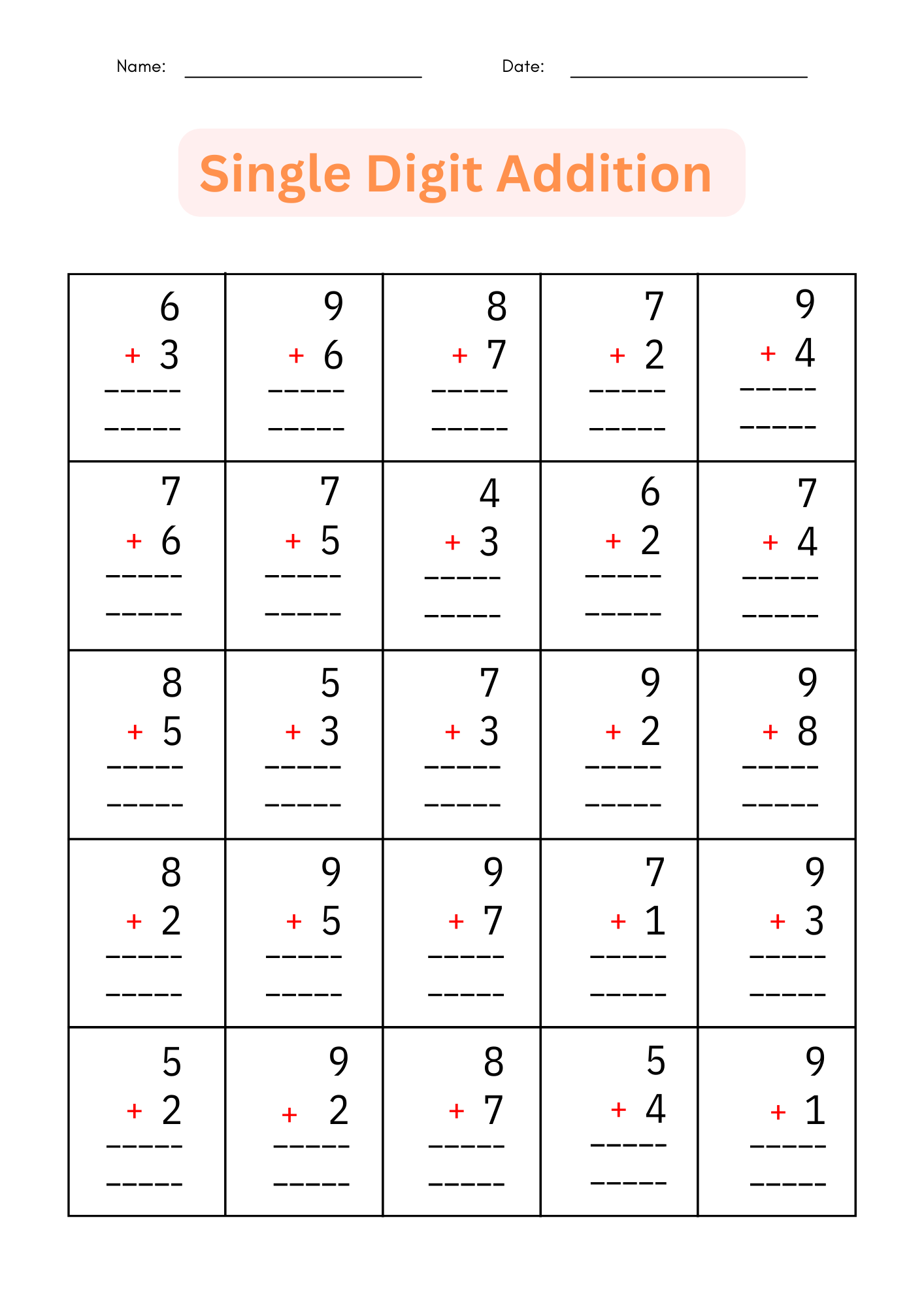 Printable Single Digit Addition 1 To 10 Number Math Worksheets For Grade 1 2 3 Made By Teachers