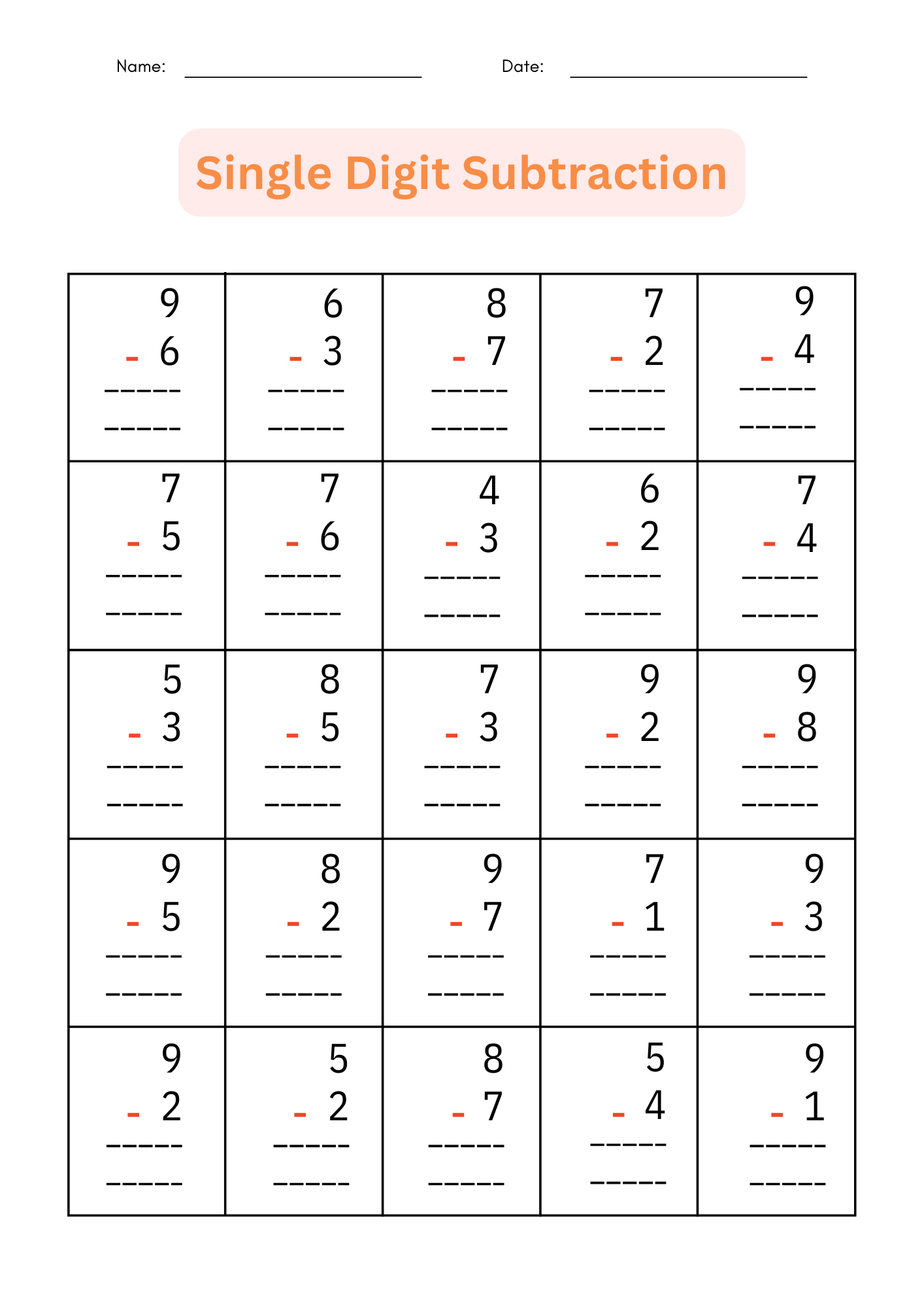 Printable Single Digit Subtraction 1 To 10 Number Math Worksheets For Grade 1 2 Teaching Resources