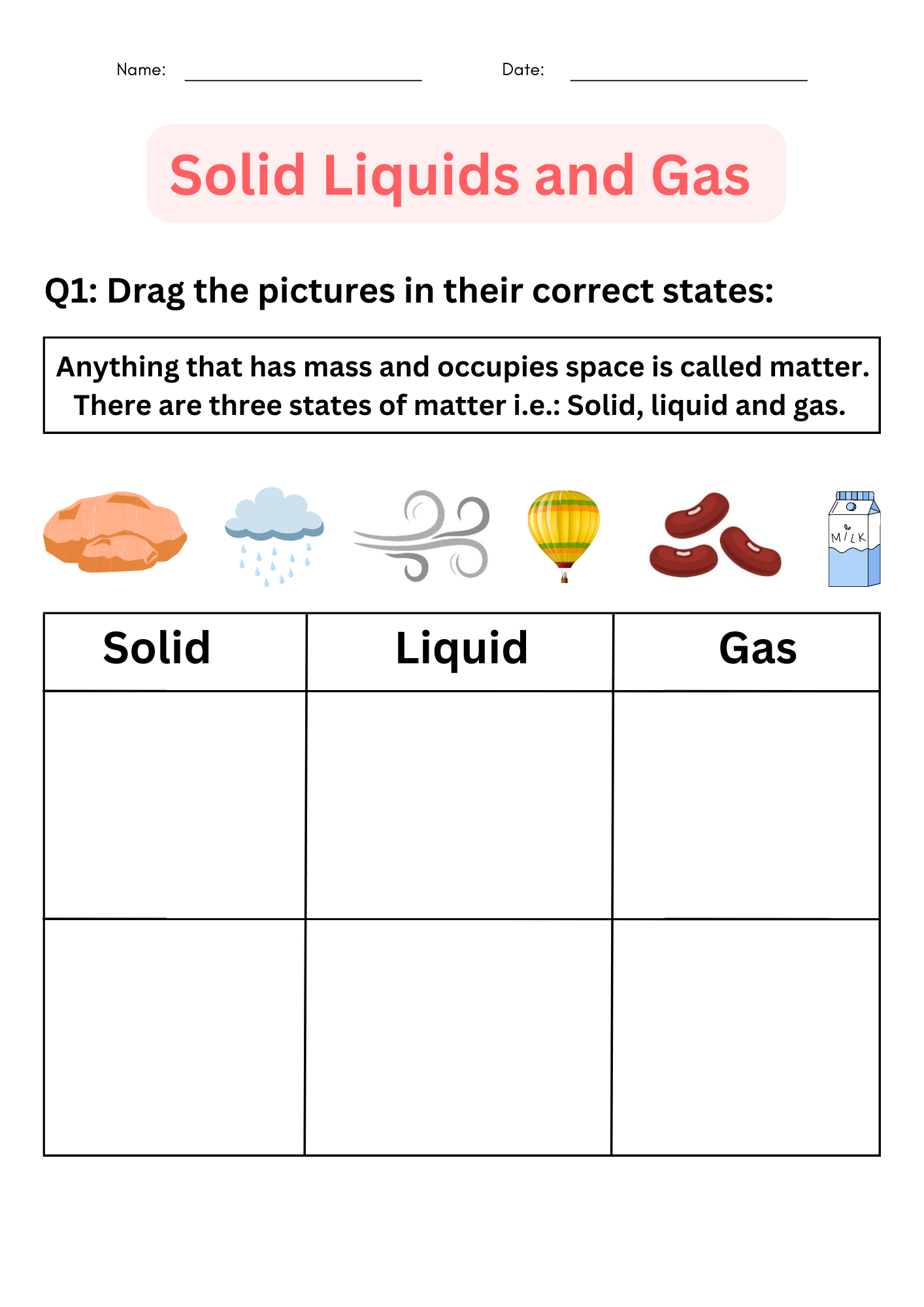 Printable Solid Liquids And Gas Worksheets For Grade 1 2 3 Made By Teachers