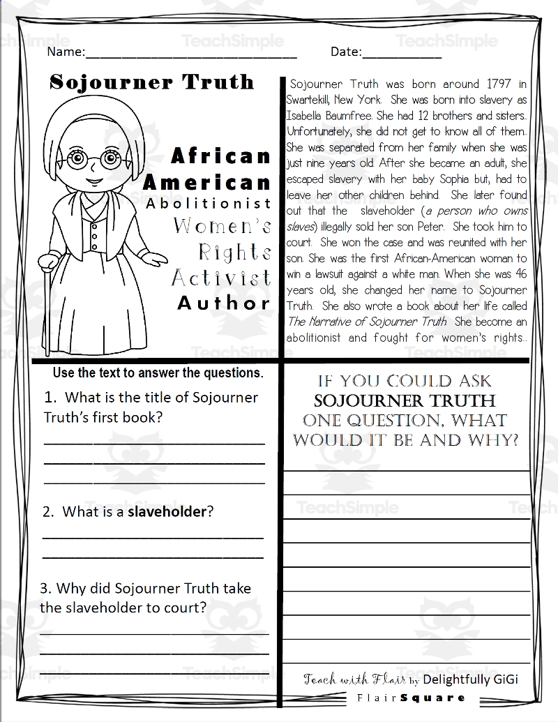 Reading Comprehension For Black History Month Sojourner Truth By Teach Simple
