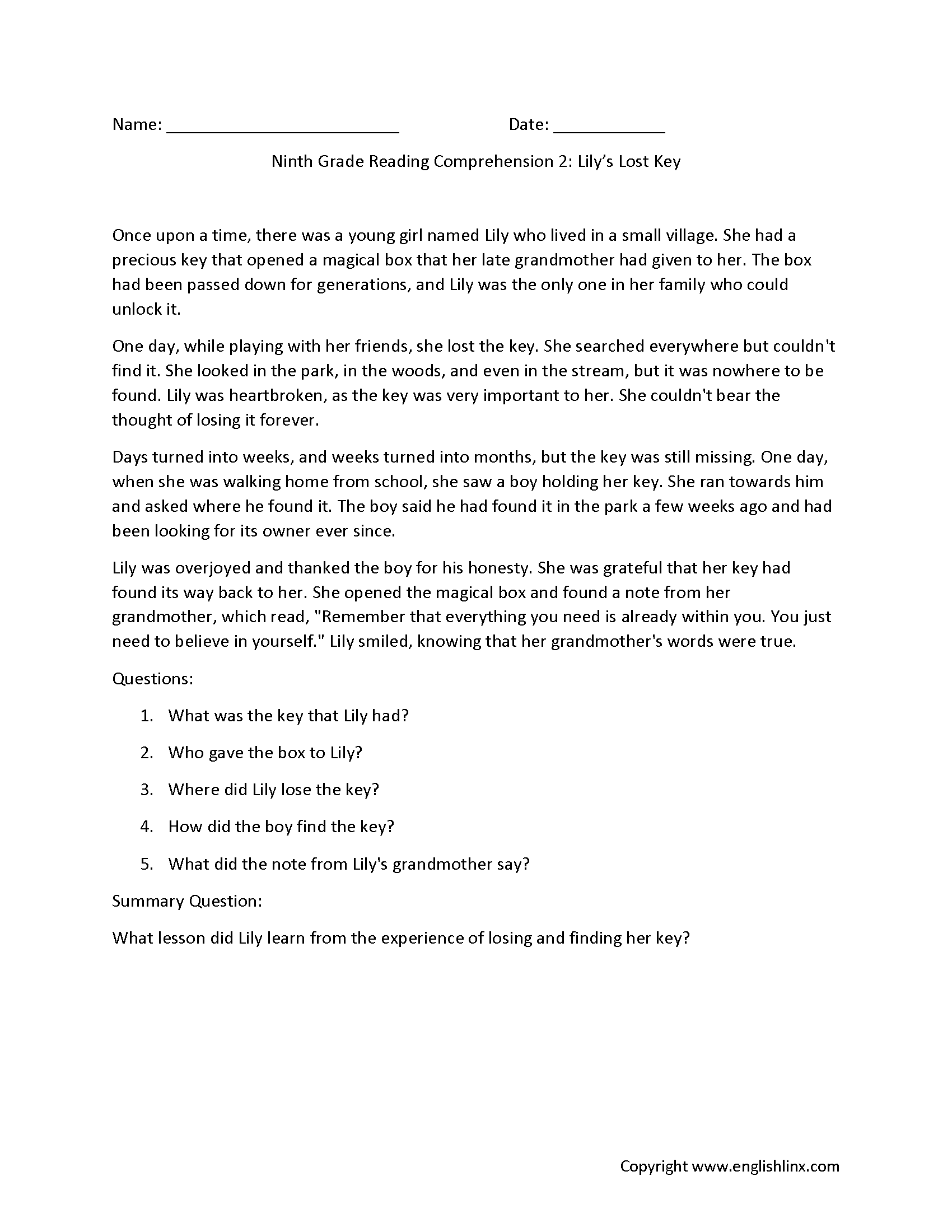 Worksheet For 9th Grade