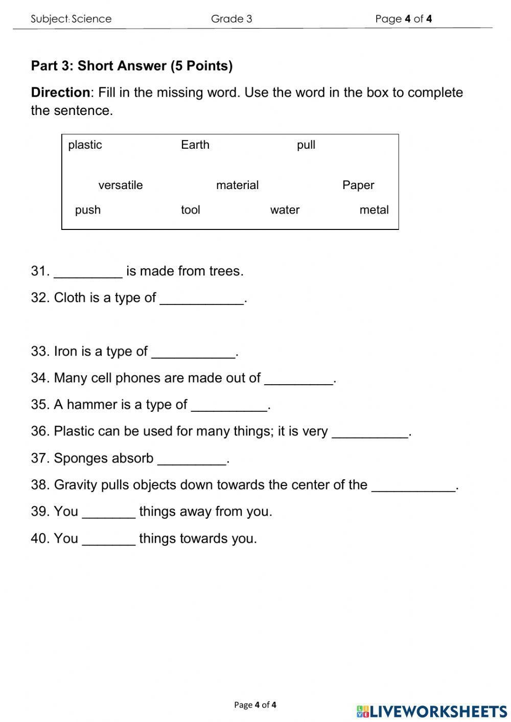 Science Final Exam For Grade 3 Interactive Worksheet Live Worksheets Worksheets Library