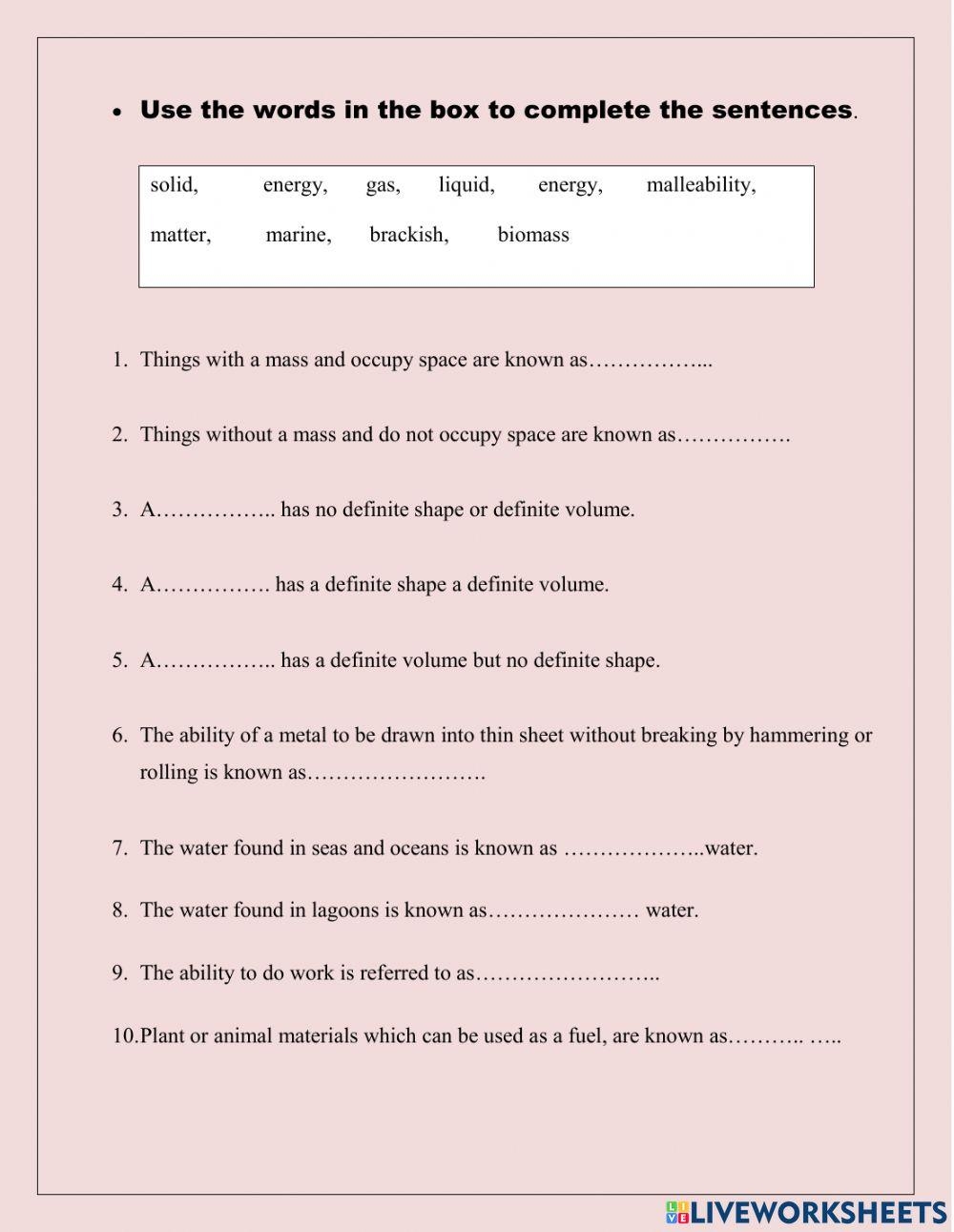6th Grade Free Printable Worksheets Science