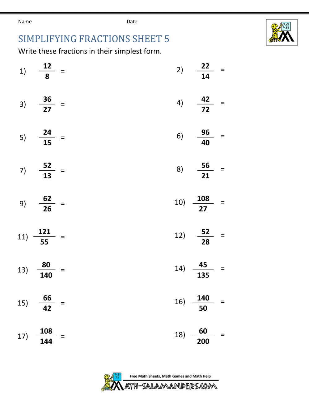 Simplifying Fractions Worksheet