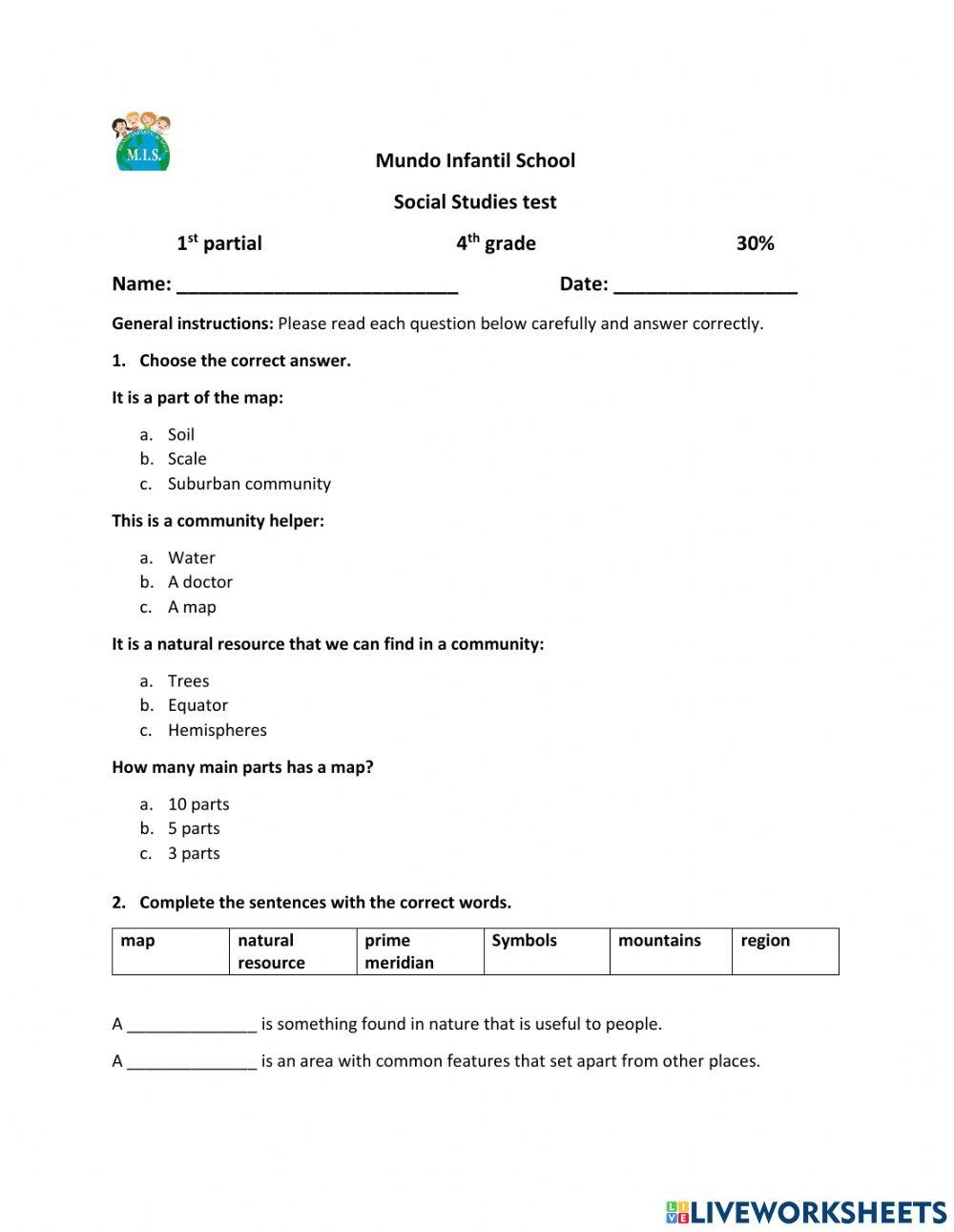 SOCIAL STUDIES TEST 1ST PARTIAL 4TH GRADE Worksheet Live Worksheets Library