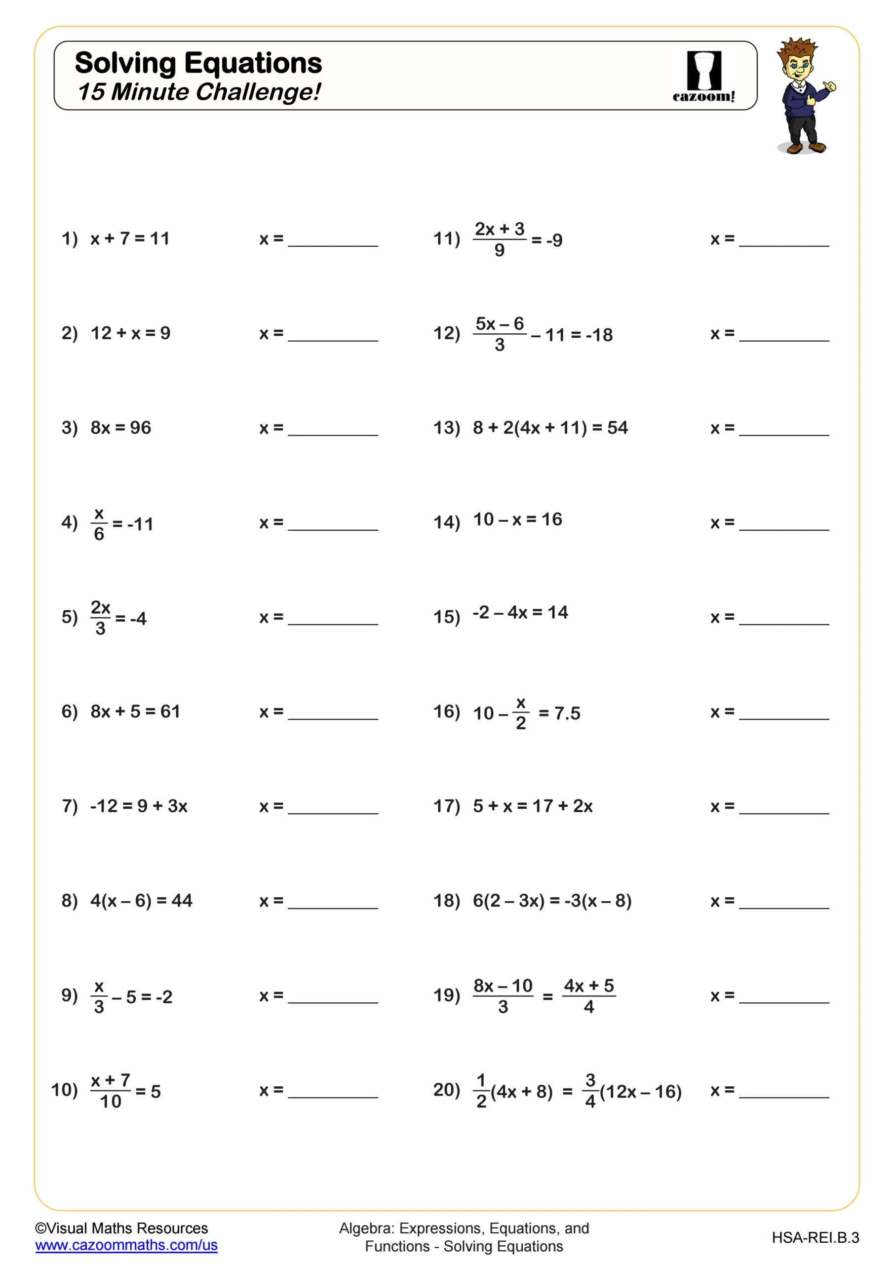 Solving Equations 15 Minute Challenge Worksheet PDF Printable Algebra Worksheet