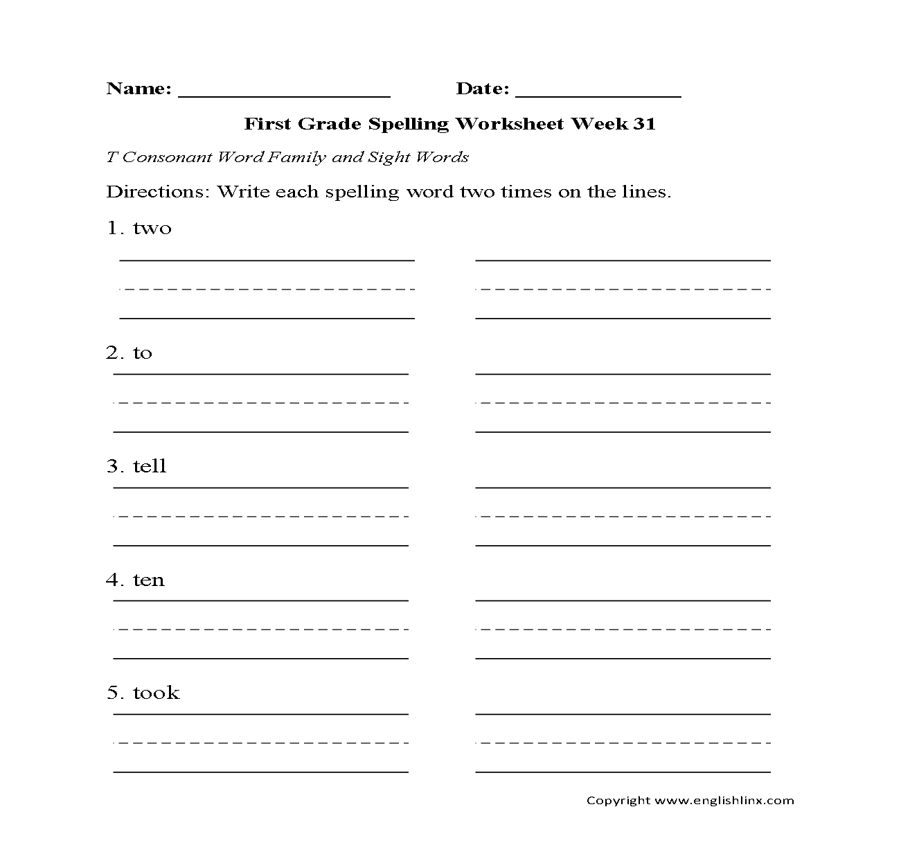 Spelling Worksheets First Grade Spelling Worksheets