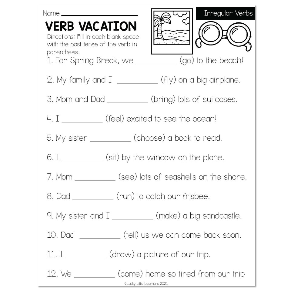 Spring Early Finishers 2nd Grade ELA Irregular Verbs Verb Vacation Lucky Little Learners