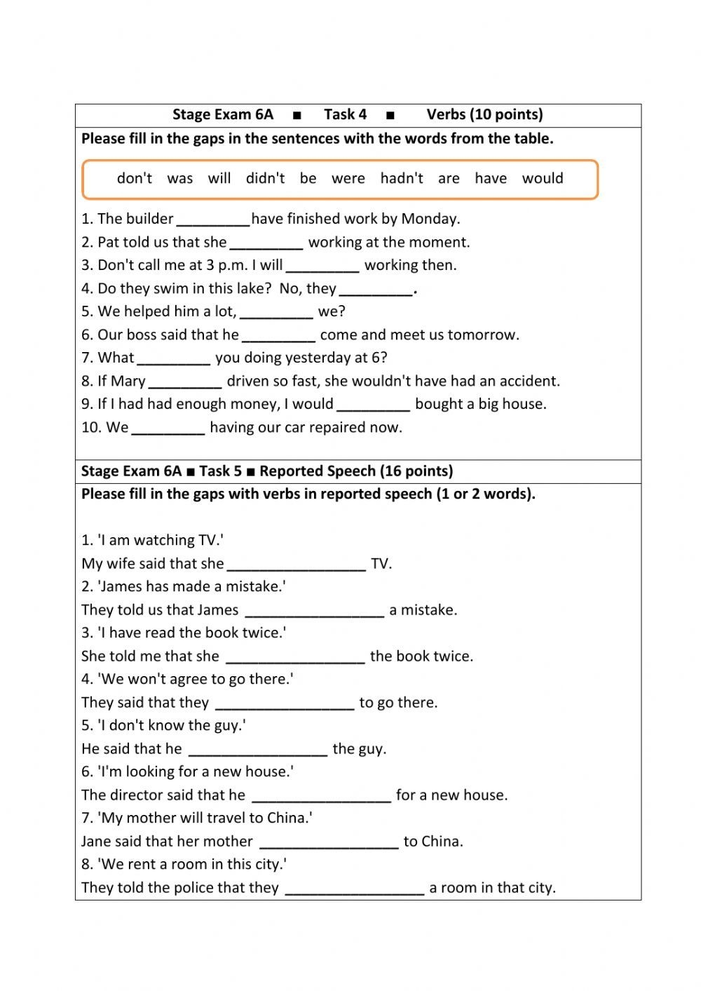 Stage 6 Grammar Exam Worksheet