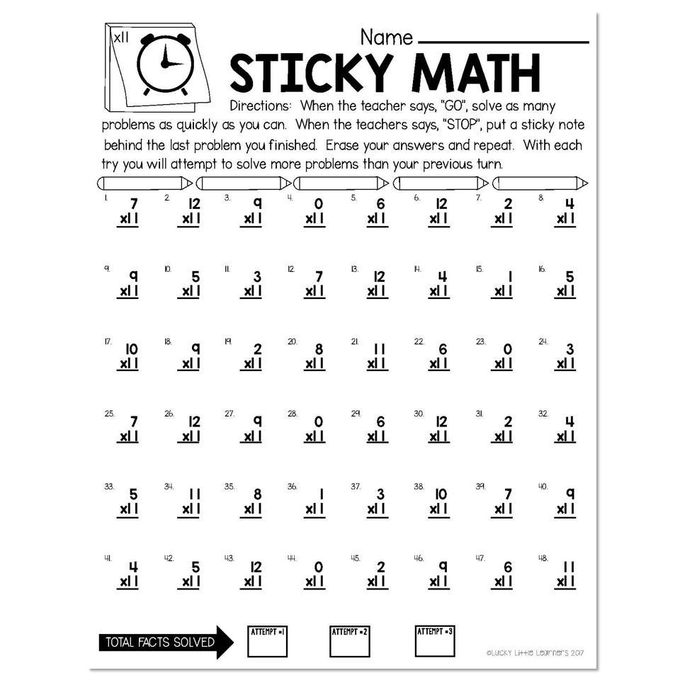 Sticky Math Fact Fluency Practice Multiplication X11 Lucky Little Learners