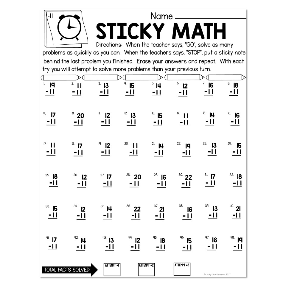 Sticky Math Fact Practice Subtraction 11 Lucky Little Learners