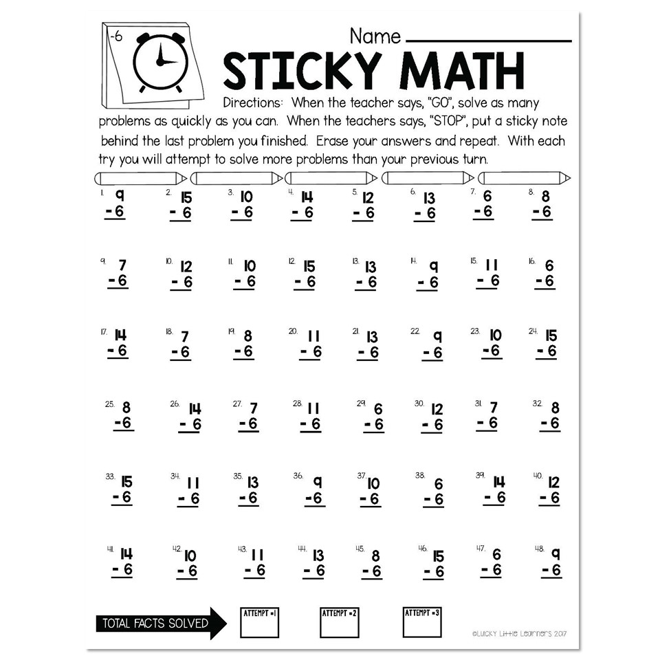 Sticky Math Fact Practice Subtraction 6 Lucky Little Learners
