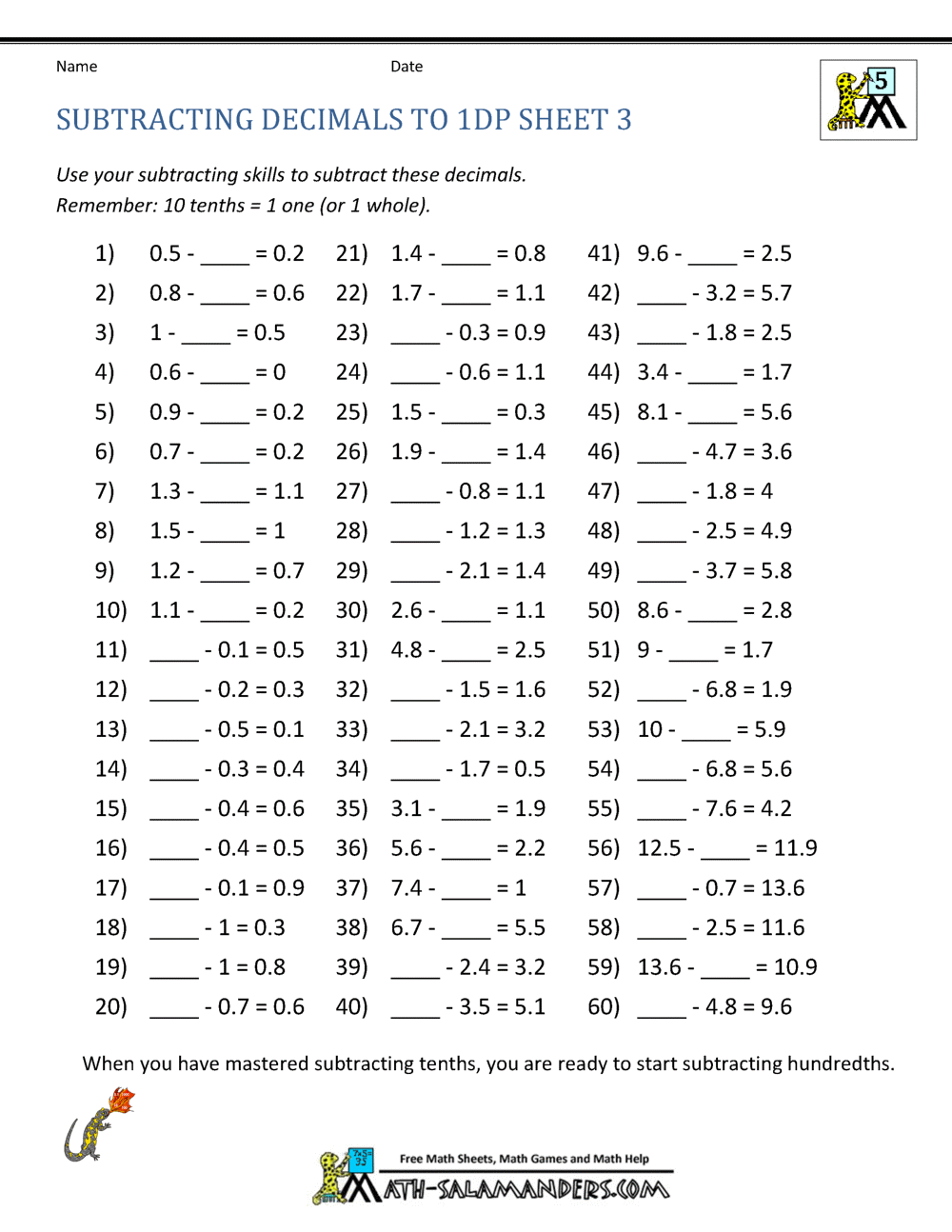 Subtracting Decimals Worksheet