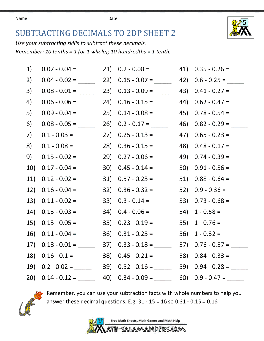 7th Grade Math Worksheets Printable Decimals