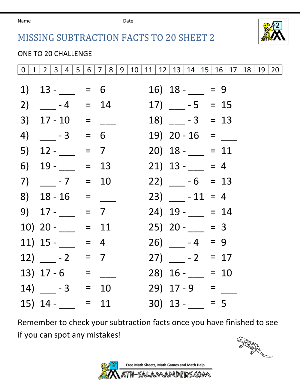 Subtraction Facts To 20