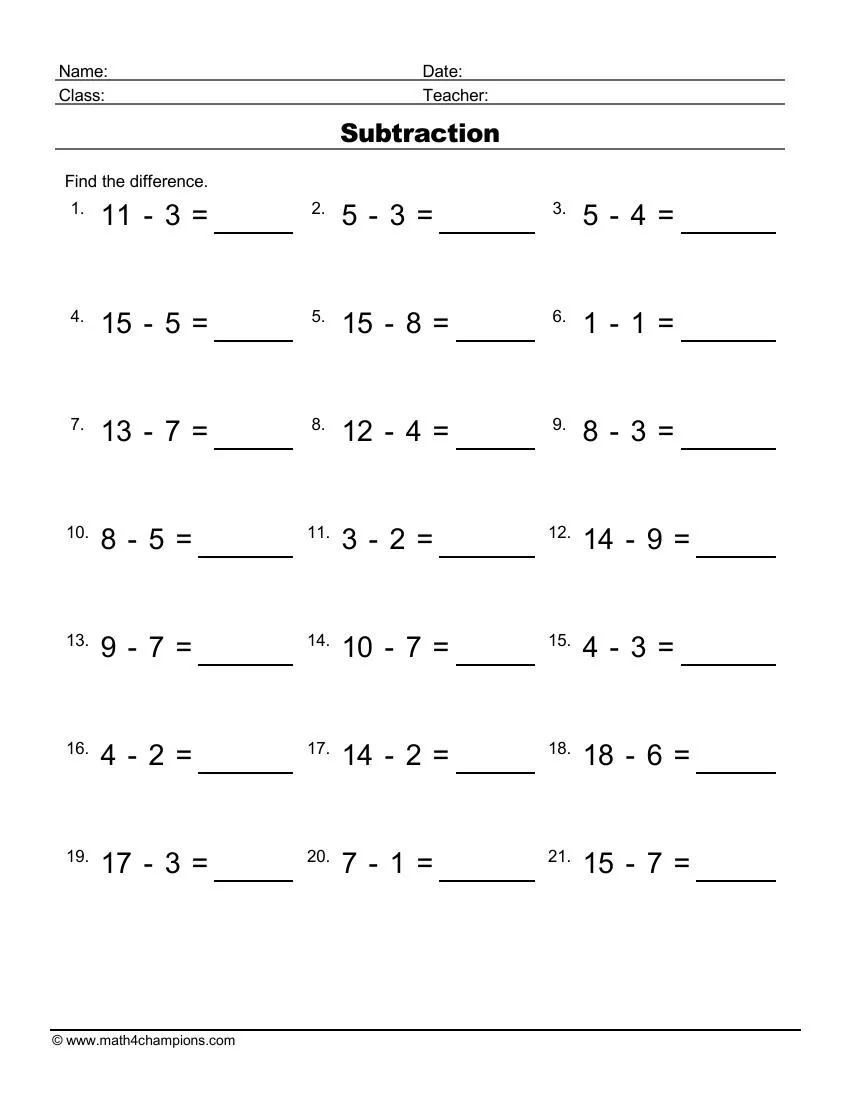 Subtraction Math Worksheets Pdf Printable Math Champions