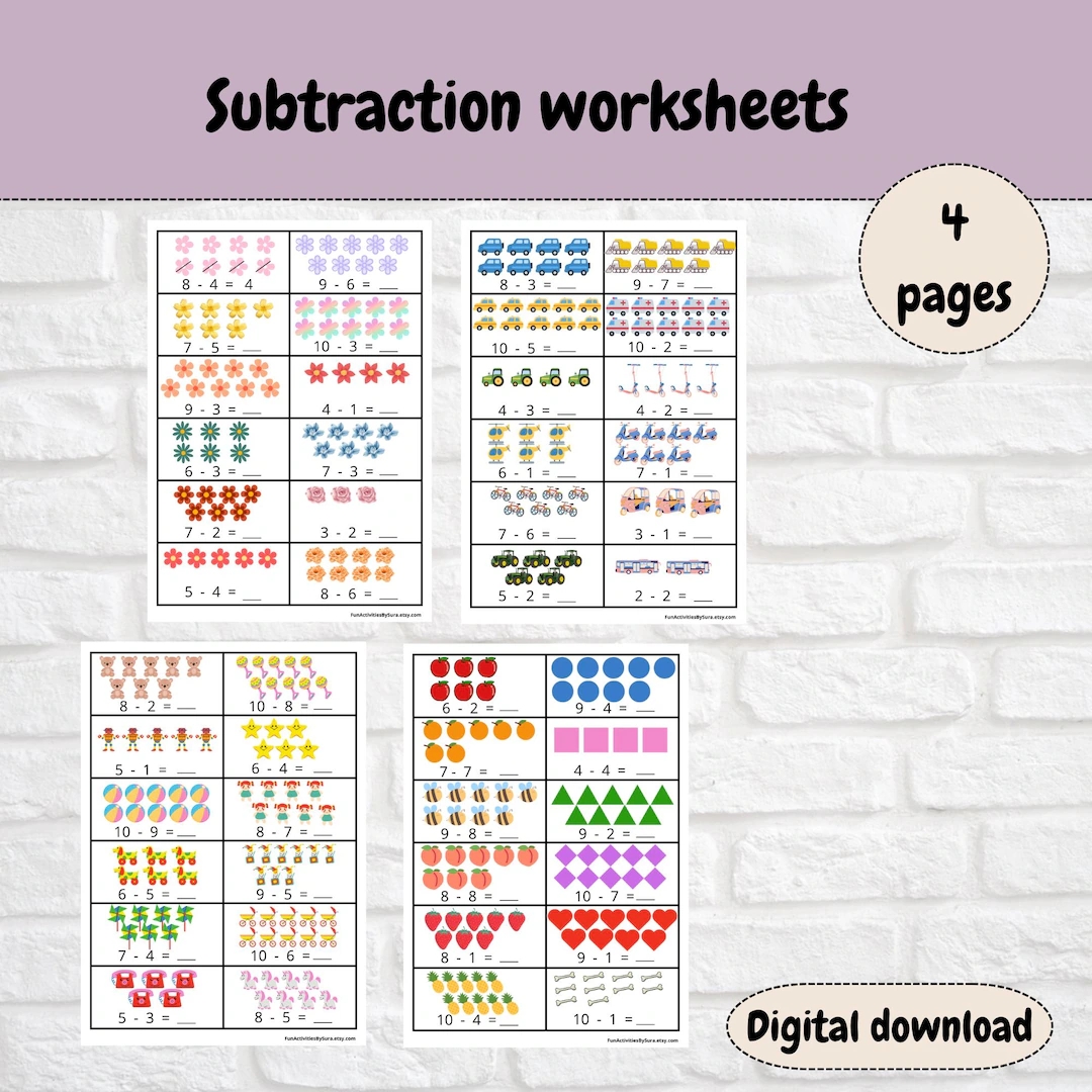 Subtraction Worksheets EYFS Maths Activity Nursery Maths Printable Worksheets Teaching Resource Picture Maths Worksheet Homeschooling Etsy
