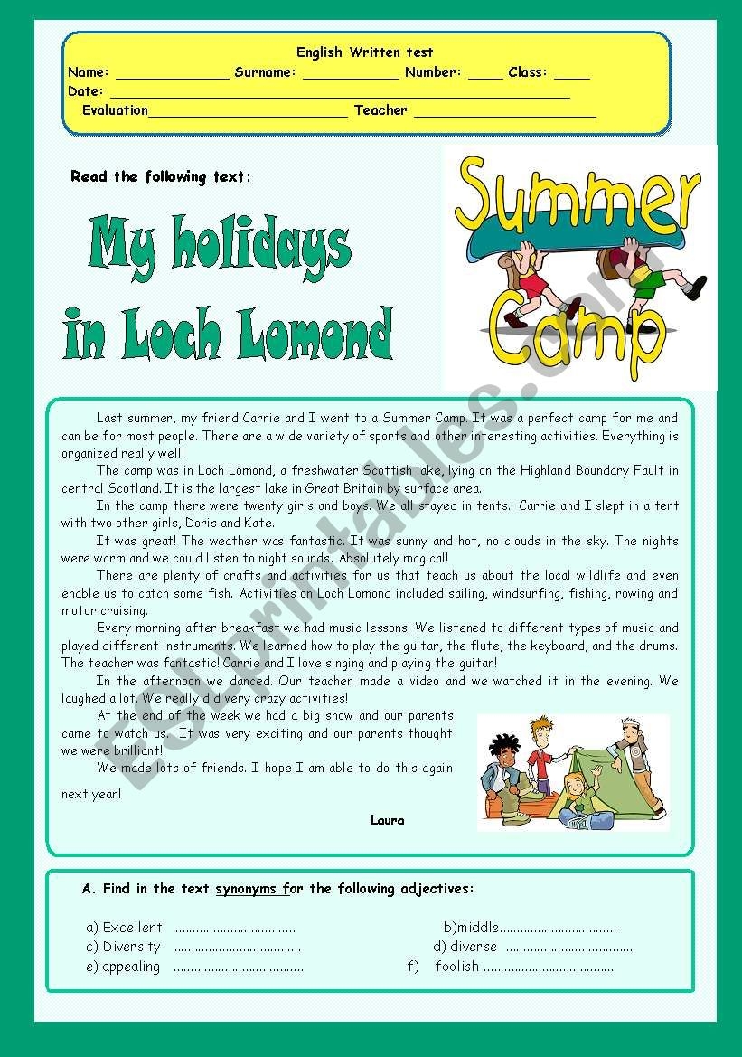 Worksheet For Summer Camp