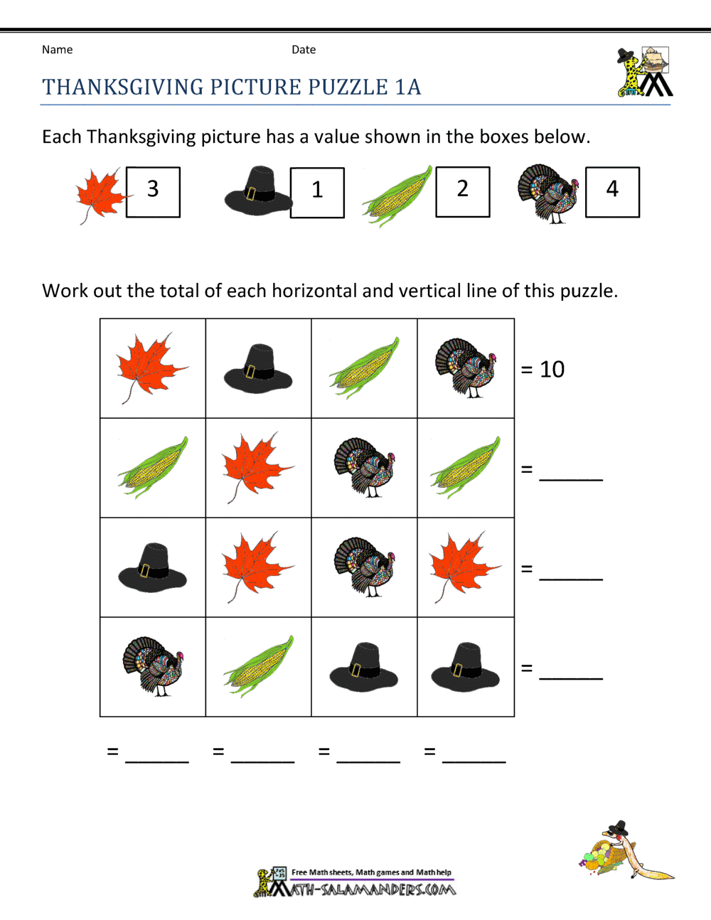 Thanksgiving Math Activities First Grade