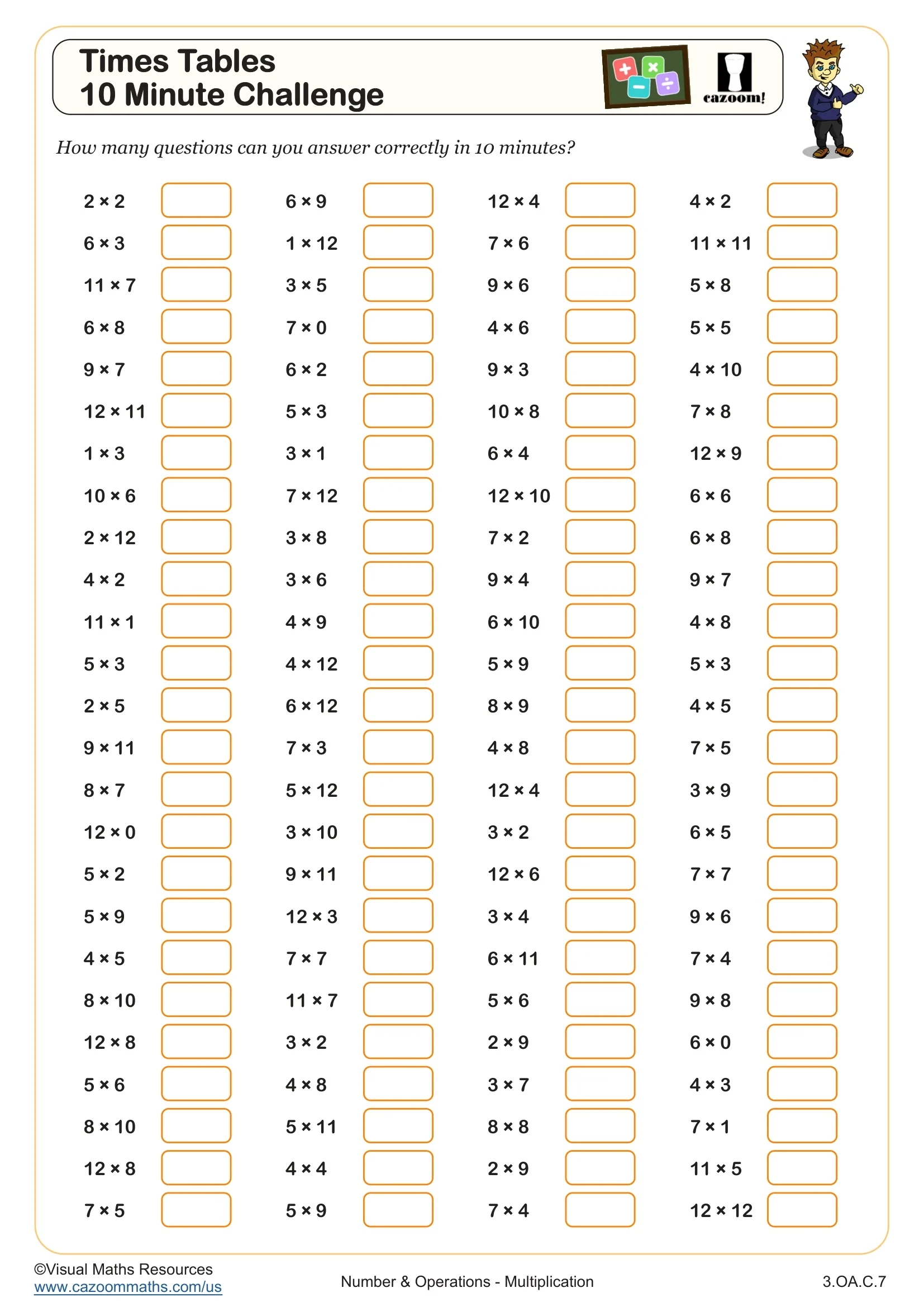 Times Tables 10 Minute Challenge Worksheet Fun And Engaging 3rd Grade Number Operations Worksheet