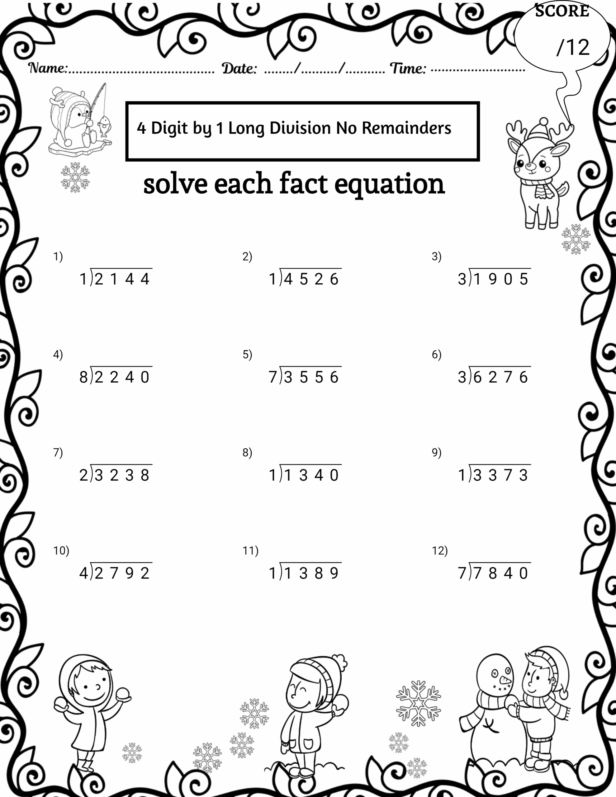 Winter 4 Digit By 1 Digit Long Division Worksheets No Remainders Made By Teachers