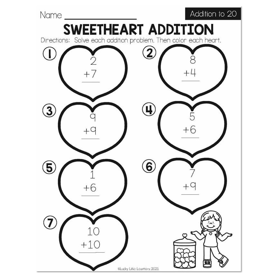 Winter Early Finishers 1st Grade Math Addition To 20 Sweetheart Addition Lucky Little Learners