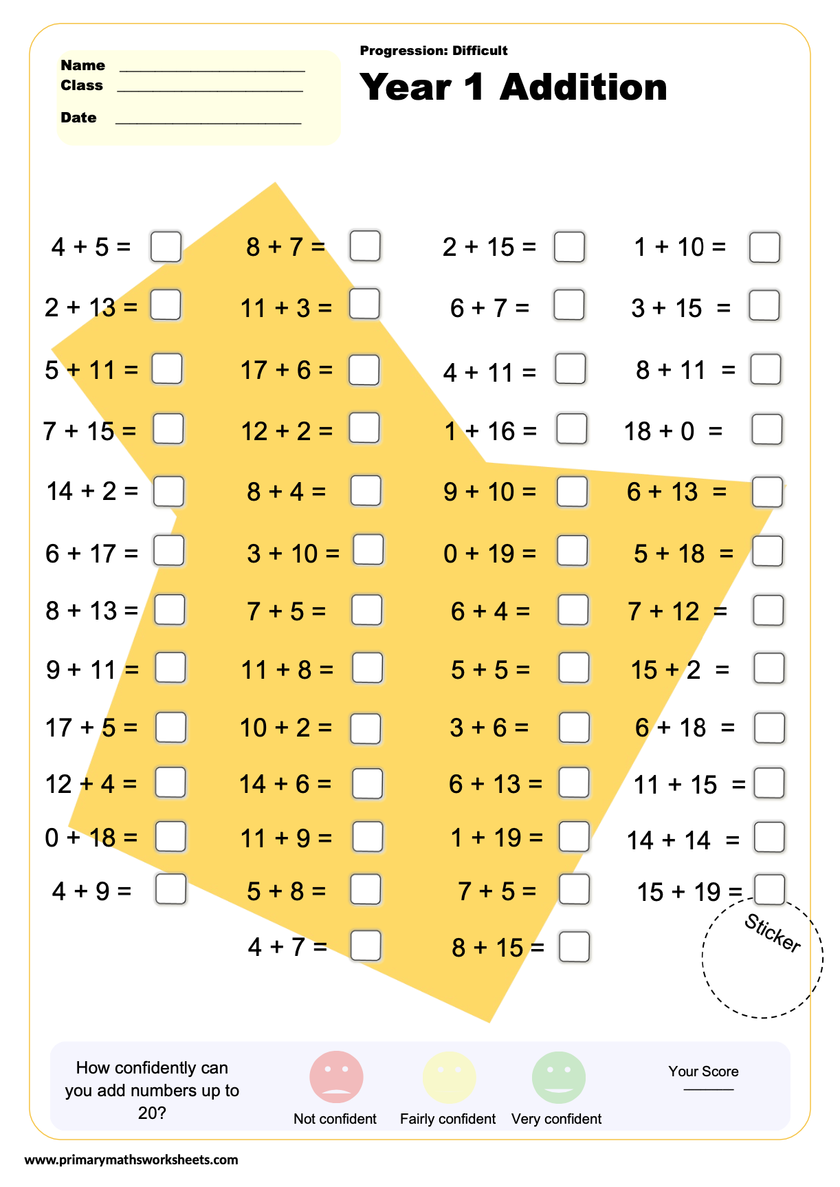 Year 1 Addition Worksheet Difficult Teaching Resources